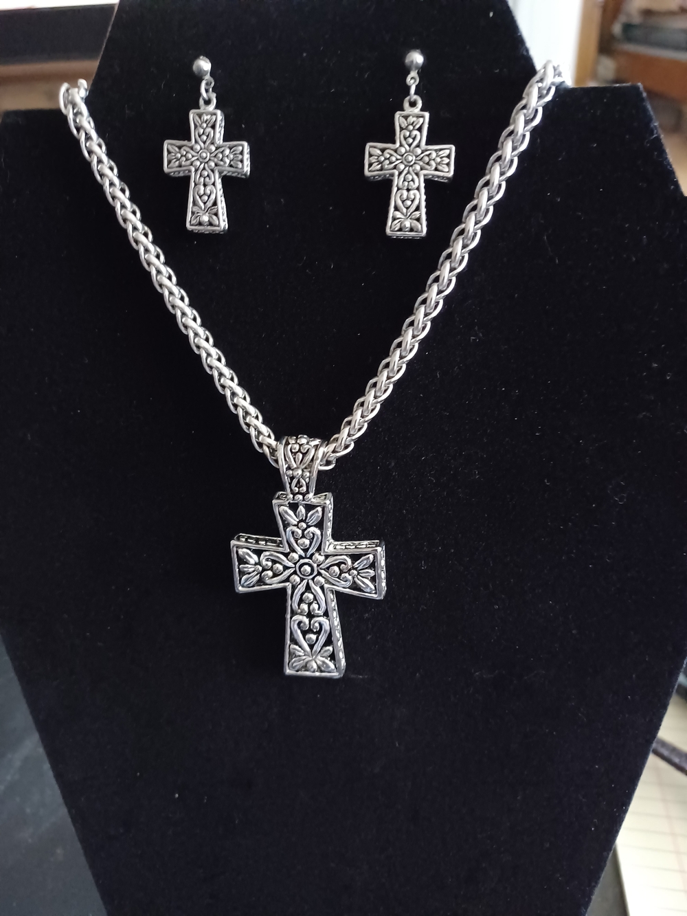 Women's Silver Tone Cross Pendant Necklace and Earrings Set